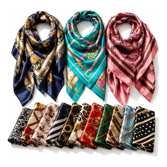 03 Lenços De Cetim Feminino 90x90 Tendência Moda Elegancia