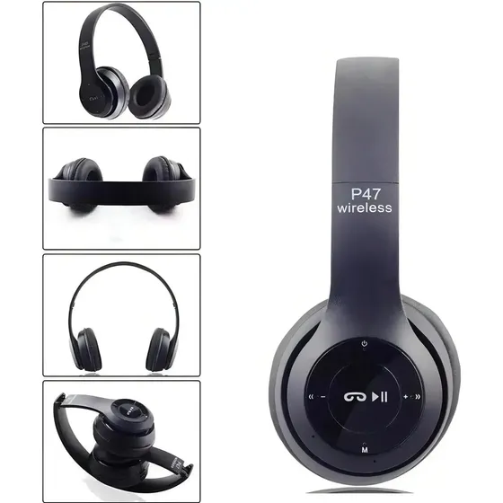 Fone de Ouvido Over-Ear P47 Sem Fio Bluetooth com Rádio FM e Micro SD Preto