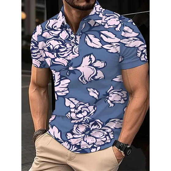 Camisa Polo Masculina De Manga Curta Com Estampa Floral Em A