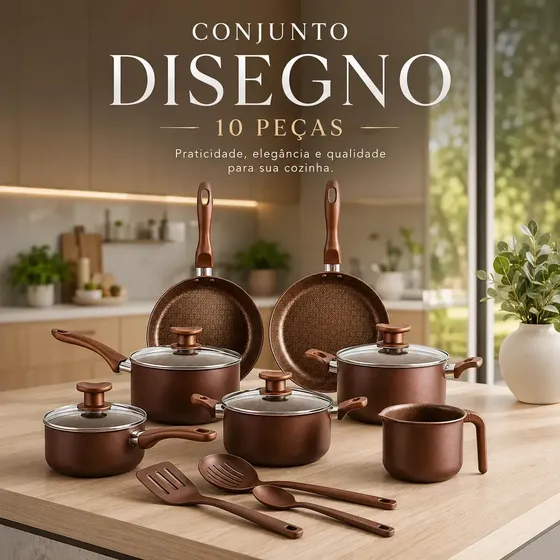 Jogo De Panelas 10 Peças Antiaderente Marrom Com Tampa De Vidro Linha Familiar Designo Cozinha Alumínio Revestido Ideal Para Fritura Arroz Vapor Fogão Gás Elétrico