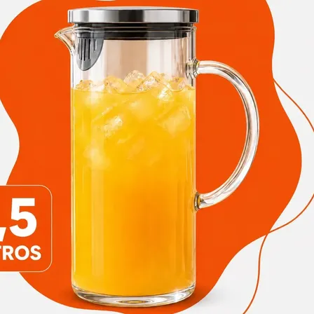 Jarra de Vidro Borossilicato 1,5 Litros Tampa Inox Hermética Transparente para Água, Suco, Chá e Bebidas Quentes e Geladas