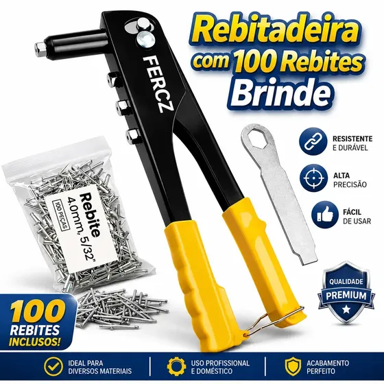 Rebitador Manual Tipo Alicate Com 4 Bicos E 100 Rebites Para Metal Alumínio Madeira E Plástico Universal Profissional
