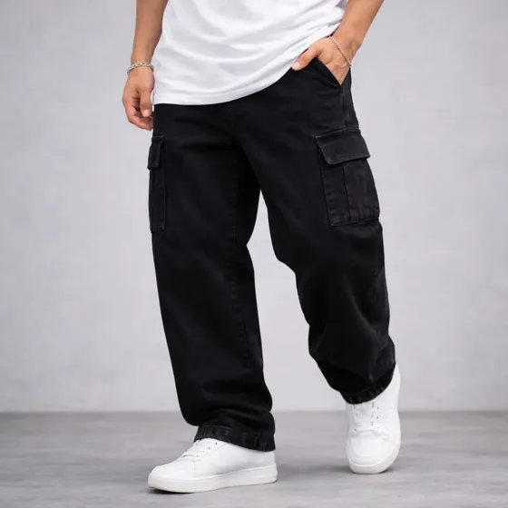 Calça Cargo Jeans Masculina Bolso Cós Elástico Street Larga