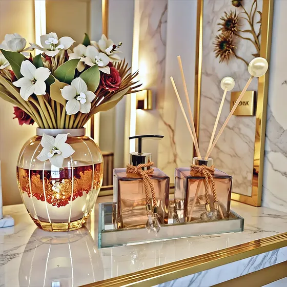 Kit Lavabo Completo Banheiro Com Bandeja Luxo Vidro Decoração Difusor Saboneteira Aromatizador Decorado Presente Elegante