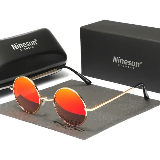 Óculos De Sol Ninesun Polarizado Redondo Luxo Simples C6 Golden/red
