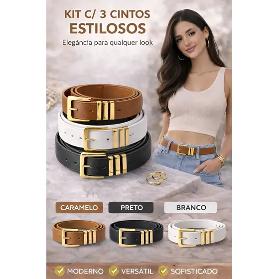 Kit 3 Cintos Femininos Luxo Moda Versátil Ajuste Dia A Dia
