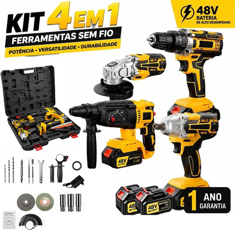 Conjunto de ferramentas elétricas 48V 4 em 1 sem fio alto torque profissional com bateria dupla furadeira chave impacto
