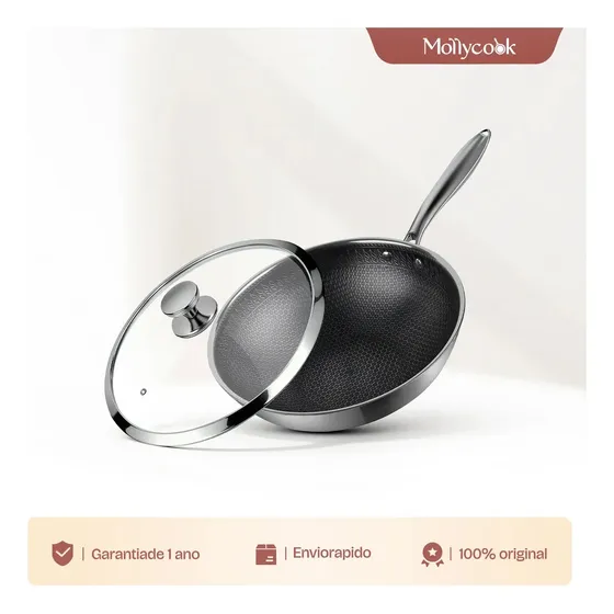 Frigideira Wok Aço Inox 18/10 Antiaderente 32cm Indução Gás