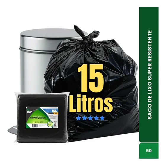 Saco De Lixo 15 Litros Reforçado Resistente 15L Cor Preto 15lts 50 Unidades 60 micras Para Banheiro Cozinha Verdecasa