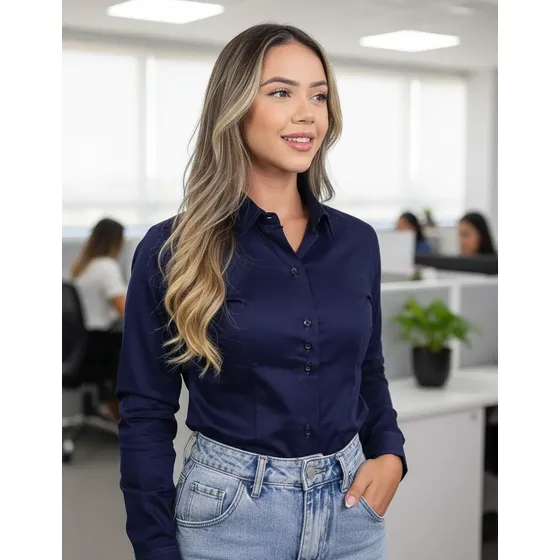 Camisa Feminina Social Manga Longa Secretária Elastano Luxo
