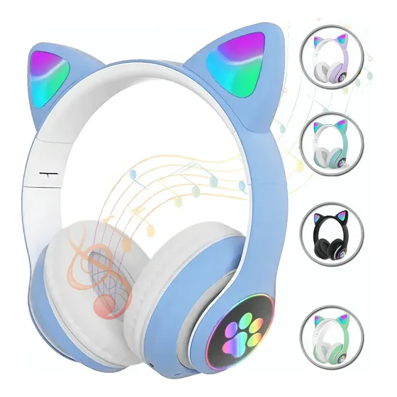 Fone De Ouvido Bluetooth Orelha Gatinho Infantil Led Sem Fio Cor Azul