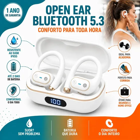 Fone Bluetooth Ows Open Ear Sem Fio Esportivo Com Display Digital Case Carregadora Usb-c Compatível Android iPhone Ios Academia Corrida Caminhada Trabalho Chamadas Música Branco 3tech