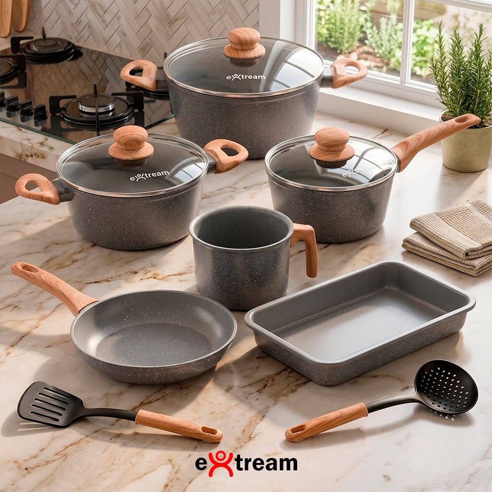 Jogo de Panelas Revestimento Ceramica Indução 8 peças Extream Hakone Gray Light