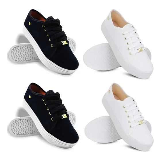 Kit 2 Tênis Feminino Branco Preto Casual Confortável Slip On