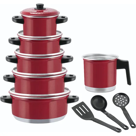 Jogo De Panela Caçarola + Caneco(leiteira) Kit 9 Peças Cor Vermelho