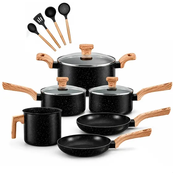 Jogo de Panelas Antiaderente 10 Peças Cerâmica e Utensílios Preto