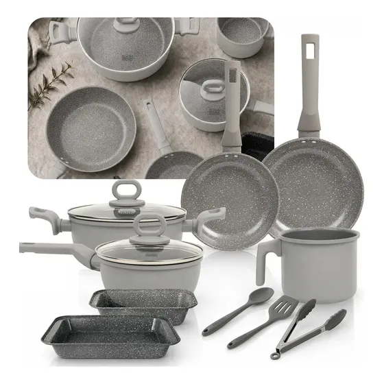 Jogo de Panelas 10 Peças Ceramic Line Black Decker - Revestimento Antiaderente em Cerâmica, Acabamento Interno Marmorizado Grey, Base Compatível com Indução, Utensílios em Silicone