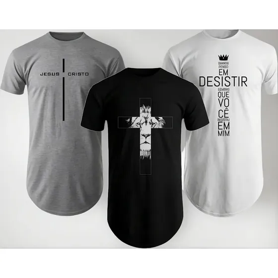 Kit 3 Camisas Camisetas Masculina Longline Oversized Cristã