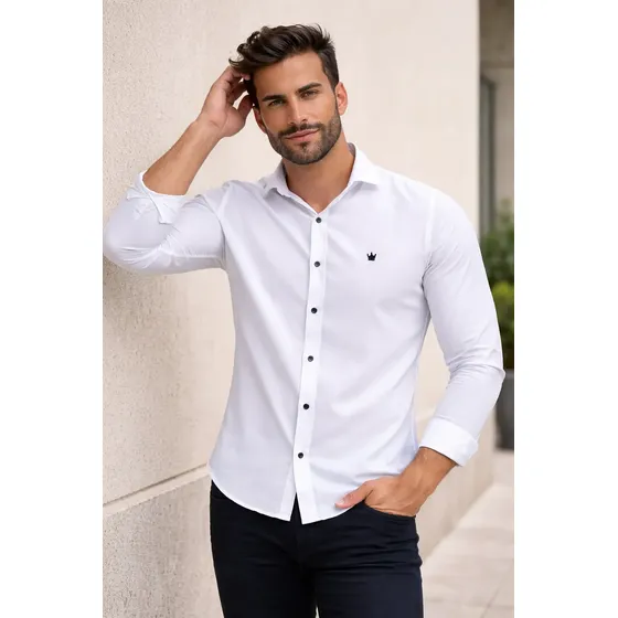 Camisa Social Masculina Manga Longa Slim Gola Não Encolhe