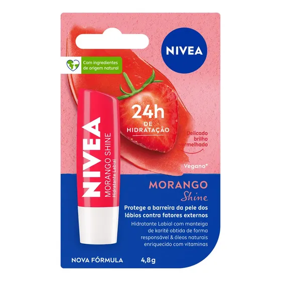 NIVEA Hidratante Labial Morango Shine 4,8g, BBB 26, Hidratação Intensa 24h, Cor Suave, Brilho Delicado, Cuidado Diário, Manteiga de Karité