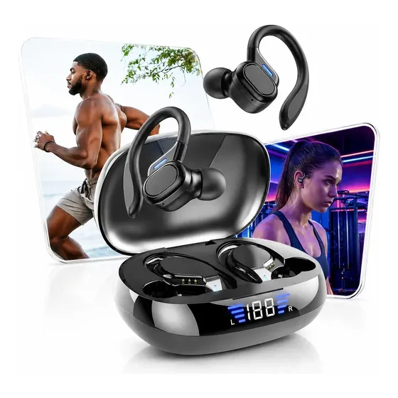 Fone de Ouvido Bluetooth 5.3 Tws Sem Fio Esportivo Compatível Com iPhone Samsung Xiaomi Motorola Com Gancho Premium KAPBOM Preto