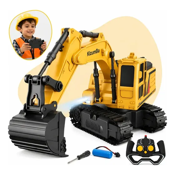 Escavadeira Trator Controle Remoto Recarregavel 360 Graus Construção Com Pá Truck Realista Amarelo Kizumba