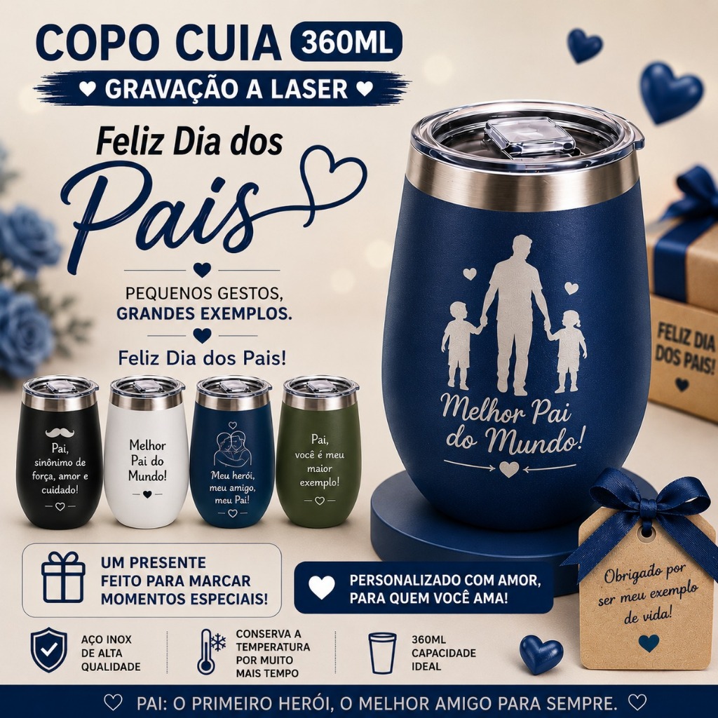 Kit 10 Copo Térmico 360ml Cuia Cores Personalizado Nome e Logo Aço Inox Confraternização Amigo Secreto Dia dos Pais