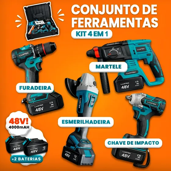 Kit Furadeira Martelete Impacto Esmerilhadeira 48v Elétrica