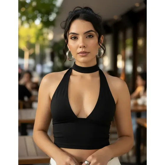 Cropped Top Amarraçao No Pescoço Poliamida Blogueira Balada