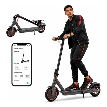 Patinete Elétrico Com Amortecedor E App Gps Bateria Dobrável Preto Com Vermelho