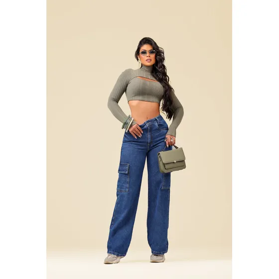 Calça Jeans Feminina Cargo Levanta Bumbum Cintura Alta Lycra