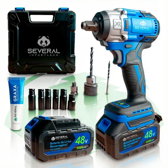 Chave De Impacto Furadeira Parafusadeira Sem Fio Motor Brushless Several Importados Motor Brushless Recarregável Duas Baterias 48v 20000mah Maleta Ferramentas Azul