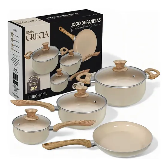 Jogo/conjunto/kit De Panelas Cerâmica Com 4 Pcs Antiaderente Cor Bege