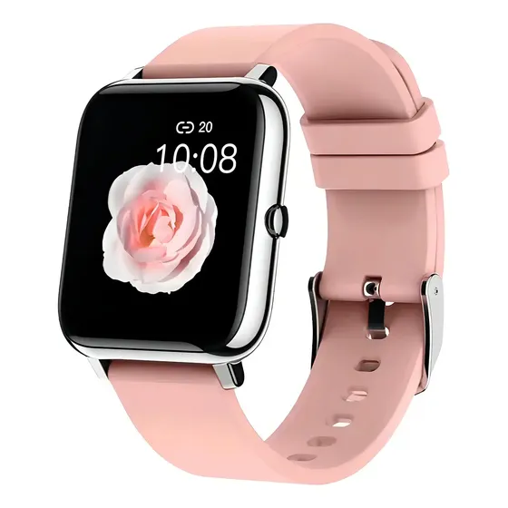 O smartwatch esportivo feminino Mertto P22 rosa com Bluetooth é compatível com os sistemas Android e iOS e possui função de chamada de voz.
