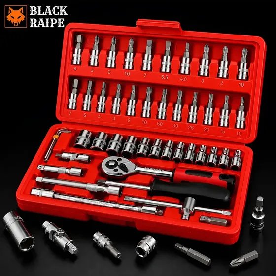 Jogo Chave Canhão Cachimbo Soquete Sextavado com Catraca Reversível 46 Peças Kit Ferramentas Profissional Aço Cromado Bits Torx Allen Phillips Fenda Oficina Mecânica Automotiva Manutenção Black Raipe