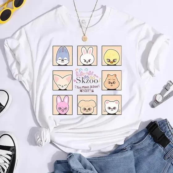 Skzoo Camiseta Estampada Manga Curta 2026 Última Moda