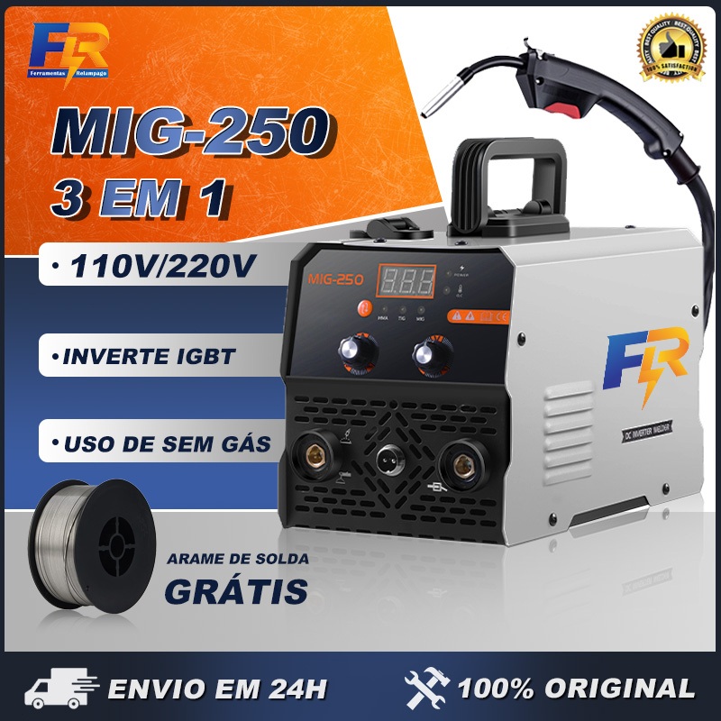 Máquina de Solda Inversora MIG 250 Sem Gás 3 em 1 MMA TIG Portátil (110V ou 220V)