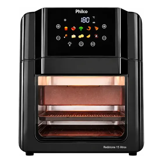 Philco PAF15C Fritadeira Air Fryer Oven 15 Litros Revestimento Redstone Porta Removível Luz Interna 10 Funções Preta