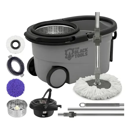 Esfregão Mop 360° Balde Inox Com Rodas Microfibra 16 Litros Cabo Longo Alça Cinza TBBL04 The Black Tools