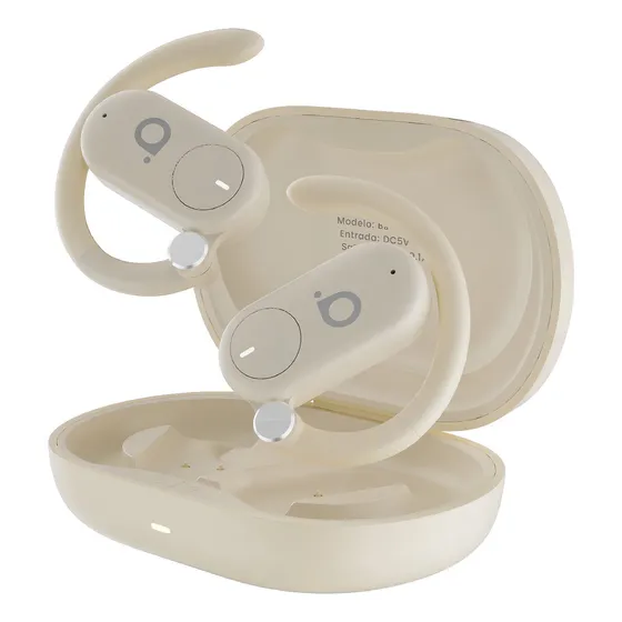 Fone de Ouvido Basike Bluetooth TWS Esportivo com Cancelamento de Ruído e Bateria de 30h, na cor Bege