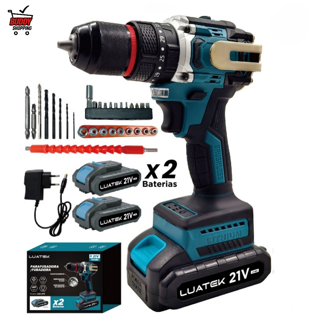 Parafusadeira Furadeira Impacto 21V Brushless 2 Baterias Profissional Kit Completo Maleta  Luatek LWJ-275