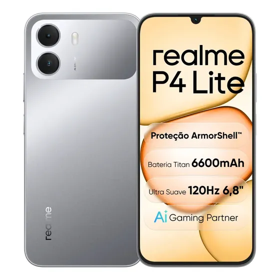Celular Smartphone realme P4 Lite 256GB 4GB Ram (Até 12GB de RAM Dinâmica) Dual Sim, Bateria Titan 6600mAh, chipset octa-core, Tela 6,8" 120Hz, Proteção ArmorShell, AI Gaming Partner, Cinza