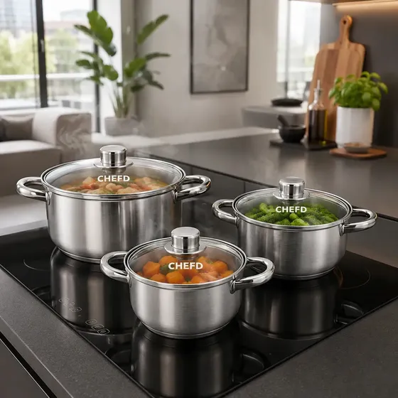 Jogo de Panelas Aço Inox 6 Peças Indução Tampa de Vidro 3 Panelas com 3 Tampas 16 18 20 cm Cozinha Saudável Fundo Triplo Fácil Limpeza Durável Chef D Prateado