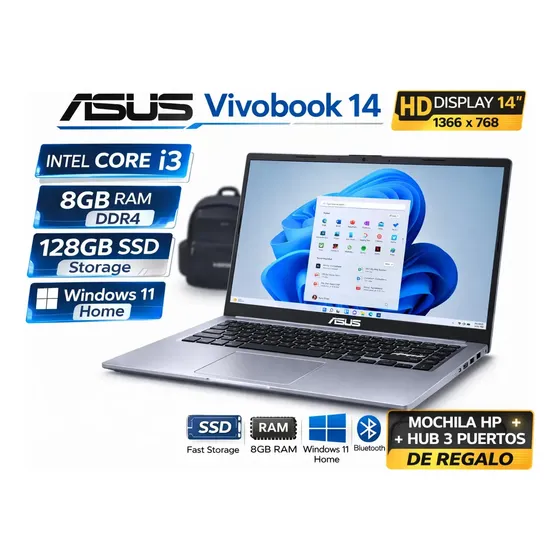 Notebook Asus VivoBook 14 Intel Core i3 com 8GB RAM e SSD 128GB, Windows 11 Home, Tela 14" Full HD, Leve e Azul