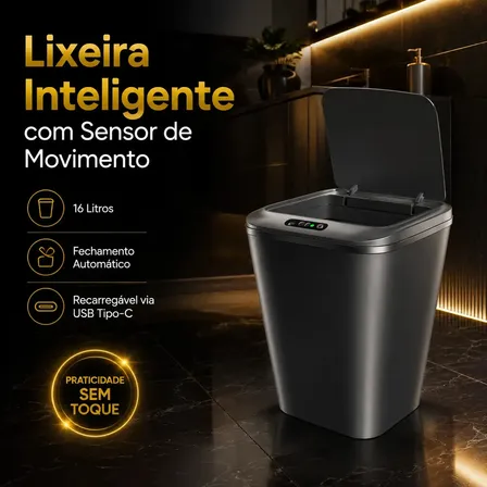 Lixeira Inteligente Automática Preta Universal Com Sensor Hearbuds Recarregável Anti Odor 16L