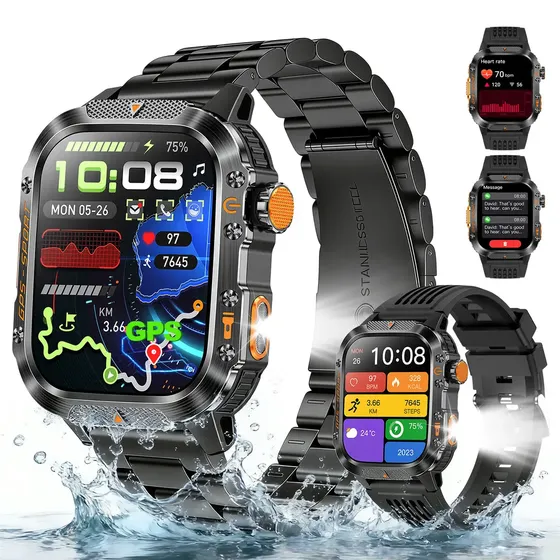 Relógio Inteligente Smartwatch GPS Autônomo NOVANTE Masculino Feminino Chamadas Bluetooth Preto Esportivo Tática Agua 3ATM 430mAh Android IOS Com Pulseira De Aço Lanterna Bússola Dia dos Pais Presente