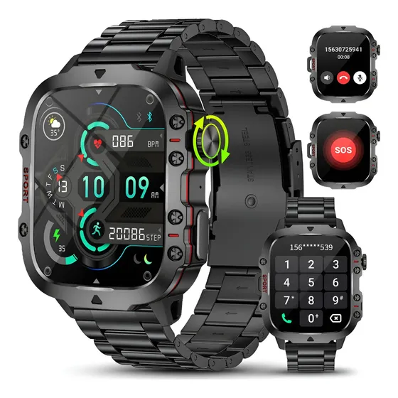 FoxBox Smartwatch Relógio Inteligente BW0667 Preto Aço Inoxidável Bluetooth Monitoramento de Monitor Cardíaco Sono e Saúde Oximetria Assistente de voz Modo multiesportivo