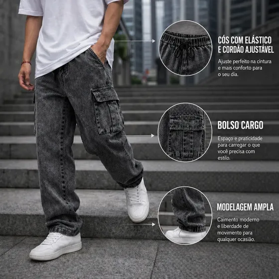Calça Cargo Jeans Masculina Cós Elástico Larga Bolsos Street