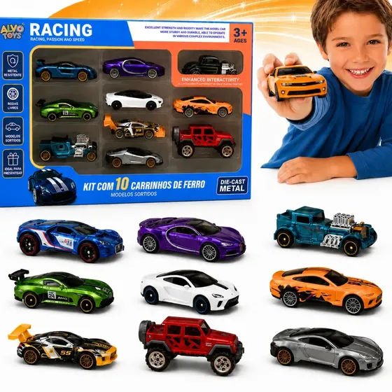 Kit 10 Carrinhos Miniatura Hot Cars de Metal para Coleção Alvo Toys