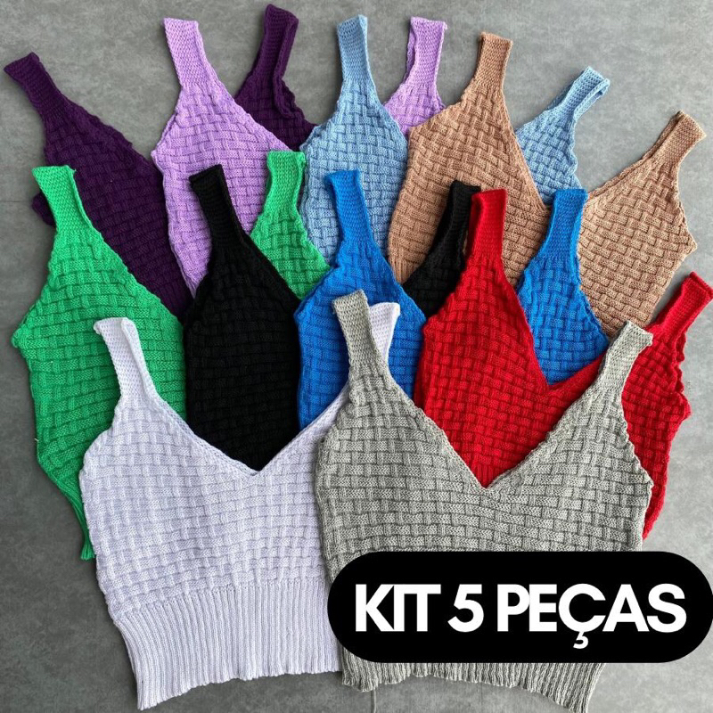 KIT 5 PEÇAS Cropped Top Alcinha Tijolinho moda tricot feminino blogueira combo tricô
